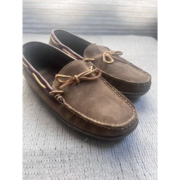 L.L Bean Mens SZ 9 Medium Handsewn Slippers Flannel Lined Tan Slip On Leather - Picture 2 of 12